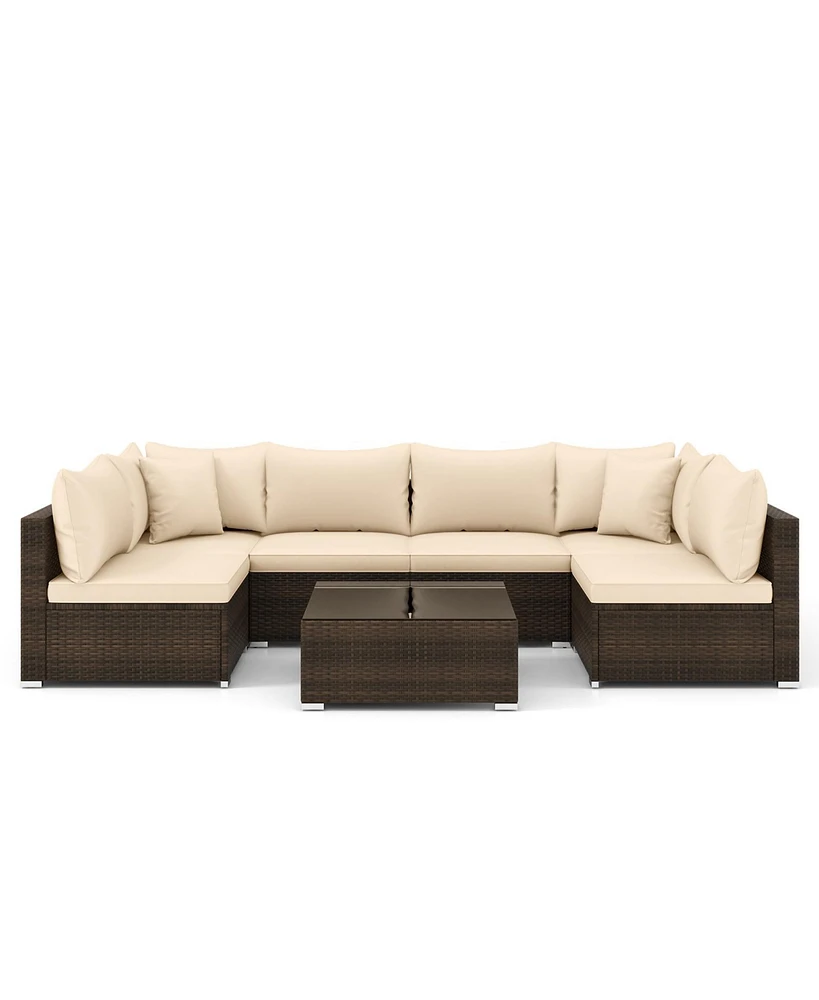 7-Piece Outdoor Patio Furniture Set with Rattan Sectional Sofa Cushions and Glass Table(Beige)