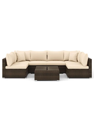 7-Piece Outdoor Patio Furniture Set with Rattan Sectional Sofa Cushions and Glass Table(Beige)