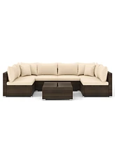 7-Piece Outdoor Patio Furniture Set with Rattan Sectional Sofa Cushions and Glass Table(Beige)
