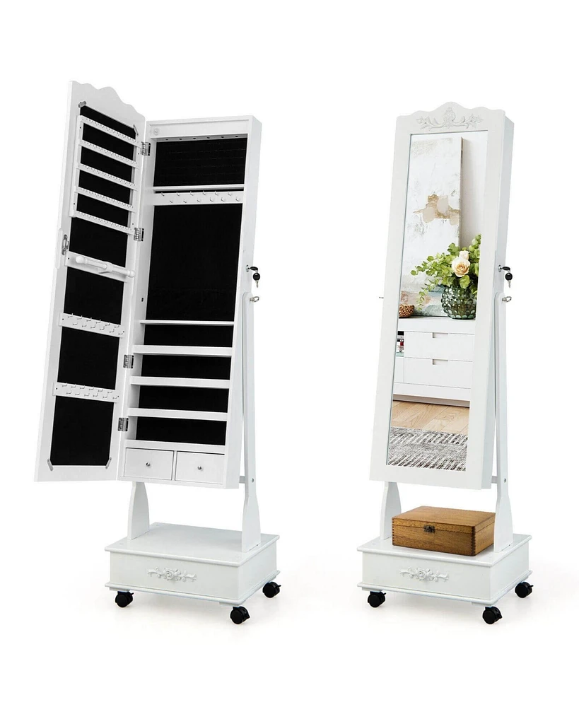Rolling Floor Standing Mirrored Jewelry Armoire with Lock and Drawers