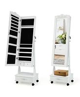 Rolling Floor Standing Mirrored Jewelry Armoire with Lock and Drawers