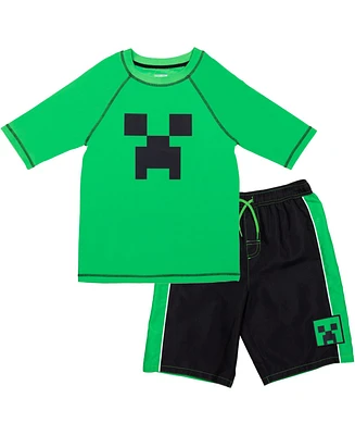 Minecraft Boys Zombie Creeper Alex Steve Rash Guard and Swim Trunks Outfit Set to