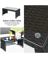 4PCS Outdoor Patio Rattan Furniture Conversation Set Cushioned Sofa Coffee Table