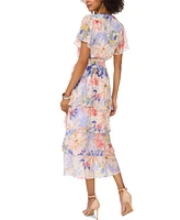 Vince Camuto Women's Floral-Print Flutter-Sleeve Tiered Midi Dress