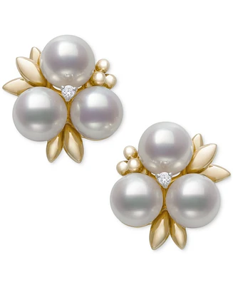 Belle de Mer Cultured Freshwater Pearl (6-7mm) & Diamond Accent Flower Cluster Stud Earrings