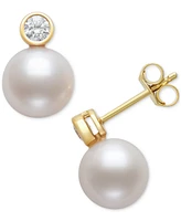 Belle De Mer Cultured Freshwater Pearl (8mm) & Diamond (1/5 ct. t.w.) Bezel Stud Earrings in 14k Gold