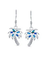 Bling Jewelry Created Blue Opal Beach Tropical Inlay Palm Tree Dangle French Wire Earrings .925 Sterling Silver