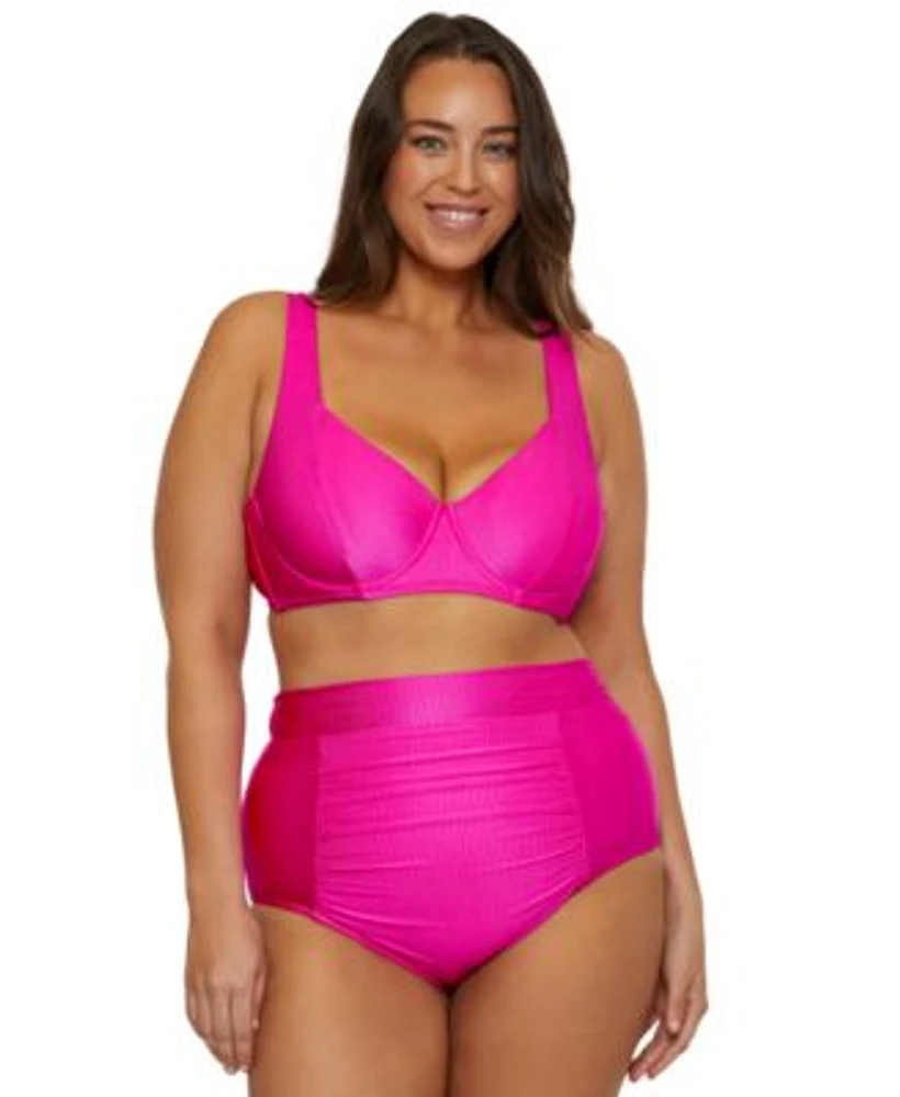 Becca Etc Plus Size Monte Carlo Rib Underwire Bikini Top Shirred High Waist Bikini Bottoms