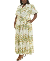 Taylor Plus Floral Split-Neck Puff-Sleeve Maxi Dress