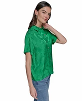 Karl Lagerfeld Paris Women's Short Sleeve Jacquard Button Front Top