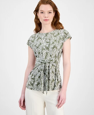 Kasper Women's Leaf-Print Tie-Waist Cap-Sleeve Top