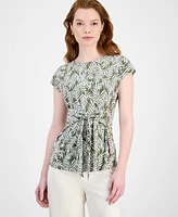 Kasper Women's Leaf-Print Tie-Waist Cap-Sleeve Top