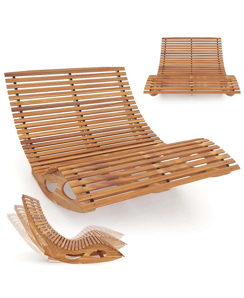 Outdoor Double Chaise Lounge for 2 with High Back Slatted Seat Stopper for Patio