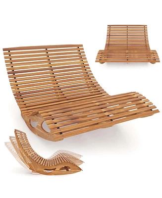 Outdoor Double Chaise Lounge for 2 with High Back Slatted Seat Stopper for Patio