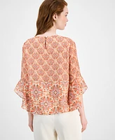 Kasper Women's Printed Boat-Neck Ruffle-Sleeve Blouse, Regular & Petite Sizes