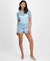 Bar Iii Womens Crochet Tee Bling Denim Shorts Exclusively At Macys