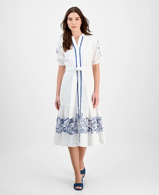 T Tahari Women's Cotton Embroidered Fit & Flare Dress