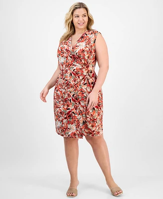 Kasper Plus Printed Sleeveless Faux-Wrap Sheath Dress