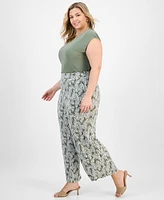 Kasper Plus Printed Wide-Leg Pull-On Pants