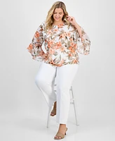Kasper Plus Printed Flared-Sleeve Blouse