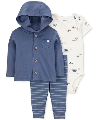 Carter's Baby Boys Cotton Little Character Set Hooded Cardigan, Barn-Print Bodysuit & Striped Pants, 3 Piece