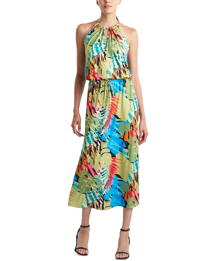 Natori Women's Floral-Print Palms Keyhole Tie-Waist Dress