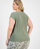 Kasper Plus Beaded-Neckline Short-Sleeve Top