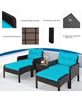 Gymax 5PCS Patio Set Sectional Rattan Wicker Furniture Set w/ Turquoise Cushion