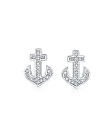Bling Jewelry Whimsical Nautical Cz Stud Earrings with Boat Anchor, Pave Cubic Zirconia, Sterling Silver