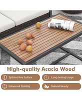 Gymax Set of 2 Pe Wicker Furniture Set Loveseat w/ Acacia Wood Coffee Table Patio