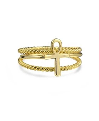 Bling Jewelry Religious Stackable Minimalist 14K Gold Plated .925 Sterling Silver Egyptian Ankh Cross Ring Set 1MM Enhancer Cable Band