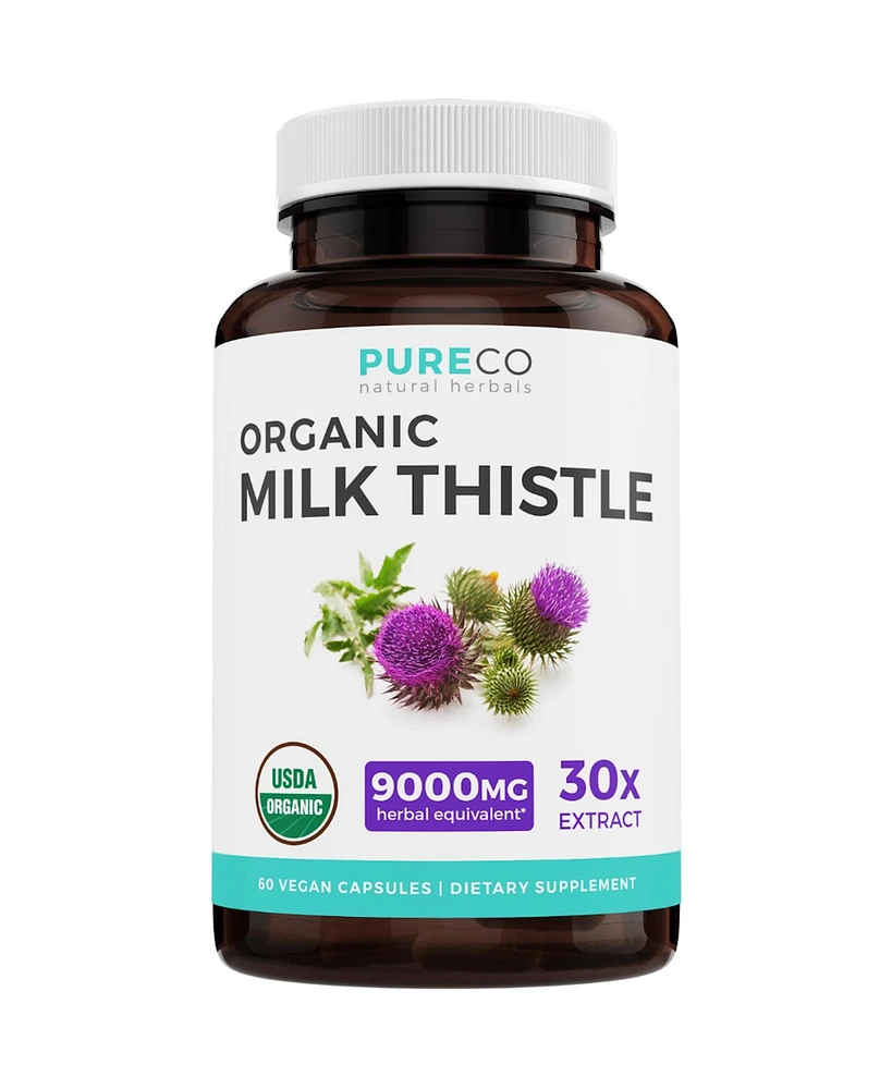 Organic Milk Thistle Capsules, Supports Liver Cleanse, Liver Detox & Gut Health, Pure Co, 60ct