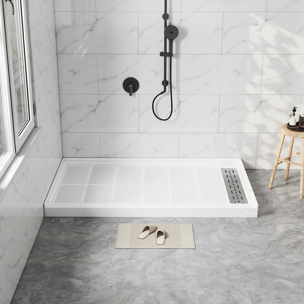 Casainc 60"W X 36"D Solid Surface Single Threshold Shower Base Anti-Slip Shower Pan