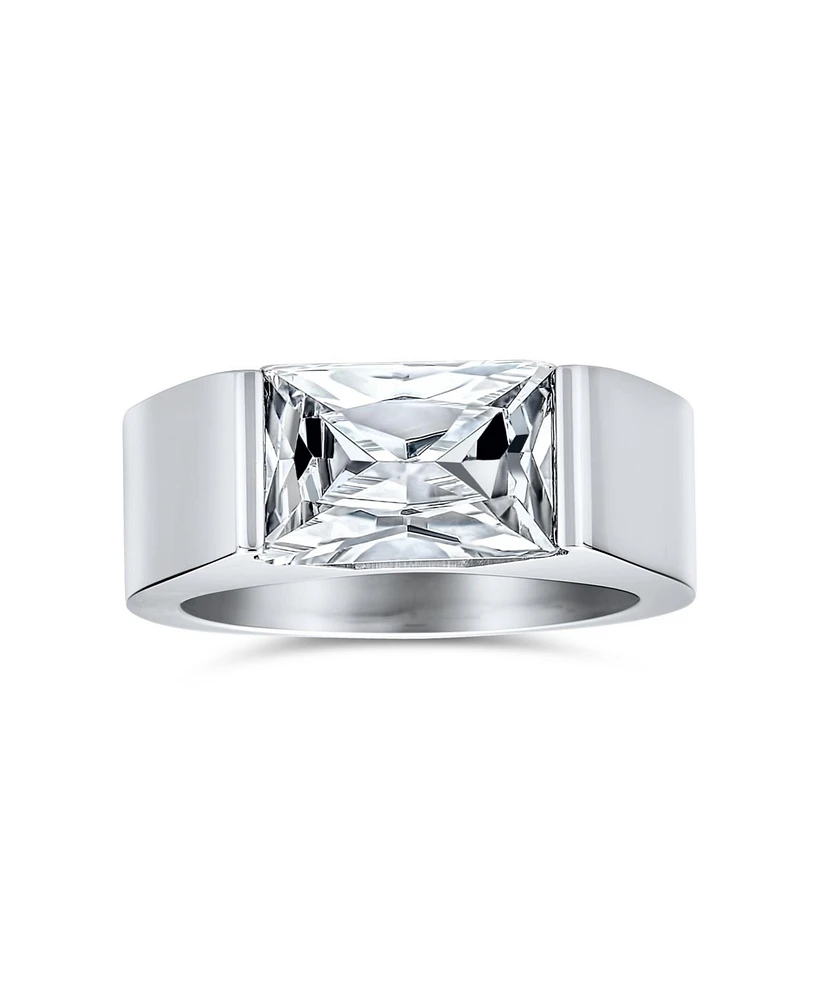Bling Jewelry Simple Geometric 4CTW Rectangular Cubic Zirconia Emerald Cut Cz Statement Promise Ring Silver Tone Stainless Steel