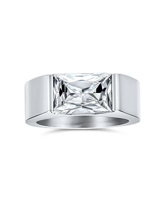 Bling Jewelry Simple Geometric 4CTW Rectangular Cubic Zirconia Emerald Cut Cz Statement Promise Ring Silver Tone Stainless Steel