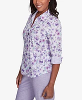 Alfred Dunner Women's Crystal Springs Floral Contrast Cuff Button Down Top