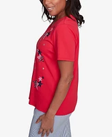 Alfred Dunner Women's Land of The Free Embroidered Stars Crisscross V-Neck T-Shirt