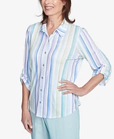 Alfred Dunner Women's St. Thomas Island Mint Stripe Knit Collared Neck Top