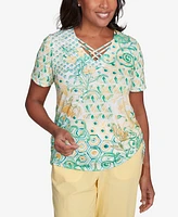 Alfred Dunner Women's Rise Shine Tropical Geometric Patchwork V-Neck T-Shirt