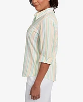 Alfred Dunner Women's Rise Shine Sunny Stripes Button Down Collared Neckline Top
