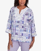 Alfred Dunner Women's Crystal Springs Watercolor Plaid Lace Neck Top