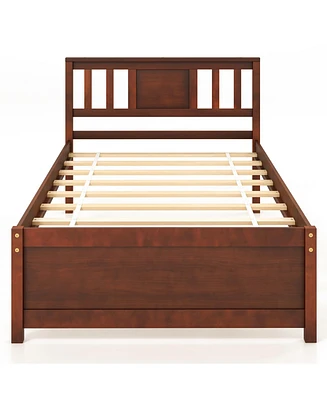 Wooden Platform Bed with Headboard and Slat Support-Twin Size