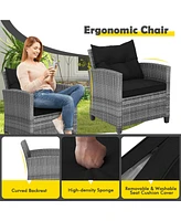 3PCS Patio Rattan Furniture Bistro Set Cushioned Sofas Side Table Armrest