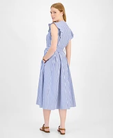 Tommy Hilfiger Women's Cotton Striped Ruffled Midi Dress