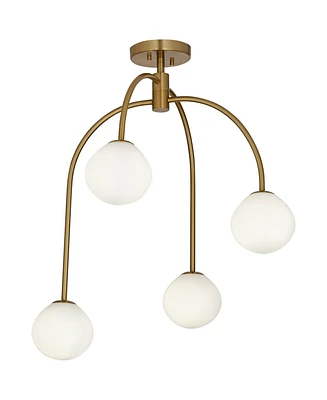 Clara 26" Mid Century Modern 4-Light Semi Flush-Mount Ceiling Light Fixture Kitchen Foyer Hallway Warm Brass Finish White Glass Bedroom Bathroom
