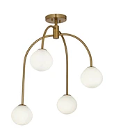Clara 26" Mid Century Modern 4-Light Semi Flush-Mount Ceiling Light Fixture Kitchen Foyer Hallway Warm Brass Finish White Glass Bedroom Bathroom