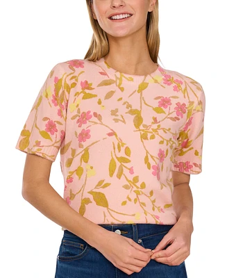CeCe Women's Flora-Print Crewneck Short-Sleeve Sweater