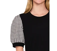 CeCe Women's Short-Puff-Sleeve Mixed-Media Top