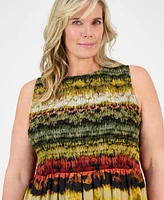 Anne Klein Plus Printed Smocked-Bodice Tiered Dress