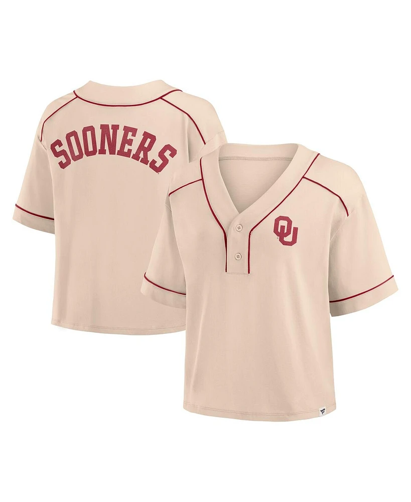 Fanatics Women's Tan Oklahoma Sooners Oversized Dominant Force Midi V-Neck T-Shirt